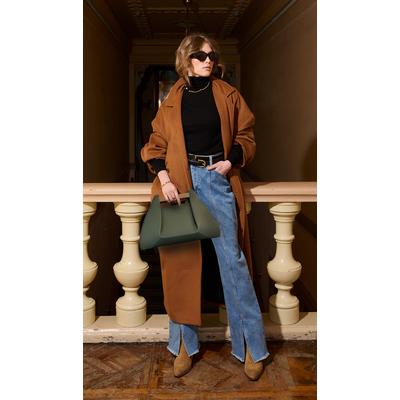 Ahşap Detaylı Hakiki Deri Kadın Omuz Çantası Yeşil